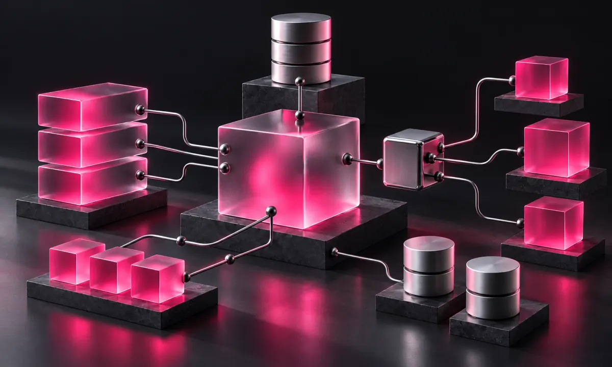 Conceptual API connections between pink translucent cubes and silver database cylinders on charcoal platforms