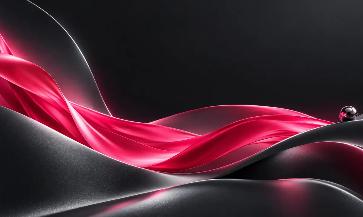 Flowing pink sculptural ribbon between charcoal waves with a reflective silver sphere