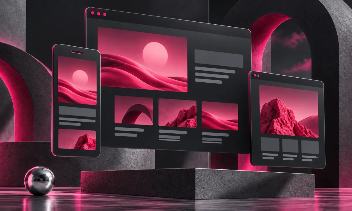 Conceptual responsive website interfaces in charcoal and pink with architectural arches